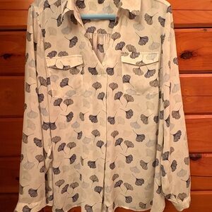 41 Hawthorn Blue and Gray Leaf Print Blouse